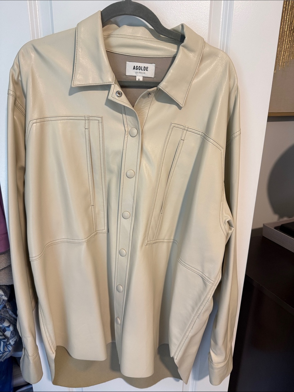 AGOLDE Utility Vegan Leather Oversized Shirt Jacket Beige XL